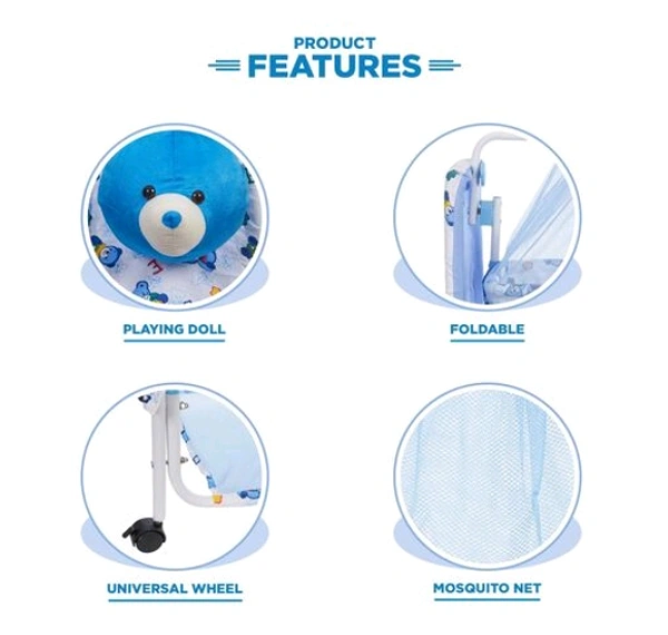 Cozy New Born Baby Cradle, Swing, Jhula,Palna, Bedding, Bed, Crib, Bassinet with Mattress, Pillow, Mosquito Net for 0-9 Months (Blue) - Free Size, Blue, Cradle Material :Cotton, Jhula, Multipack 1